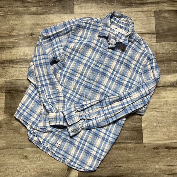 Old Navy Slim Fit Long Sleeve Front Button Shirt Blue Plaid Men’s Size L - Picture 1 of 9